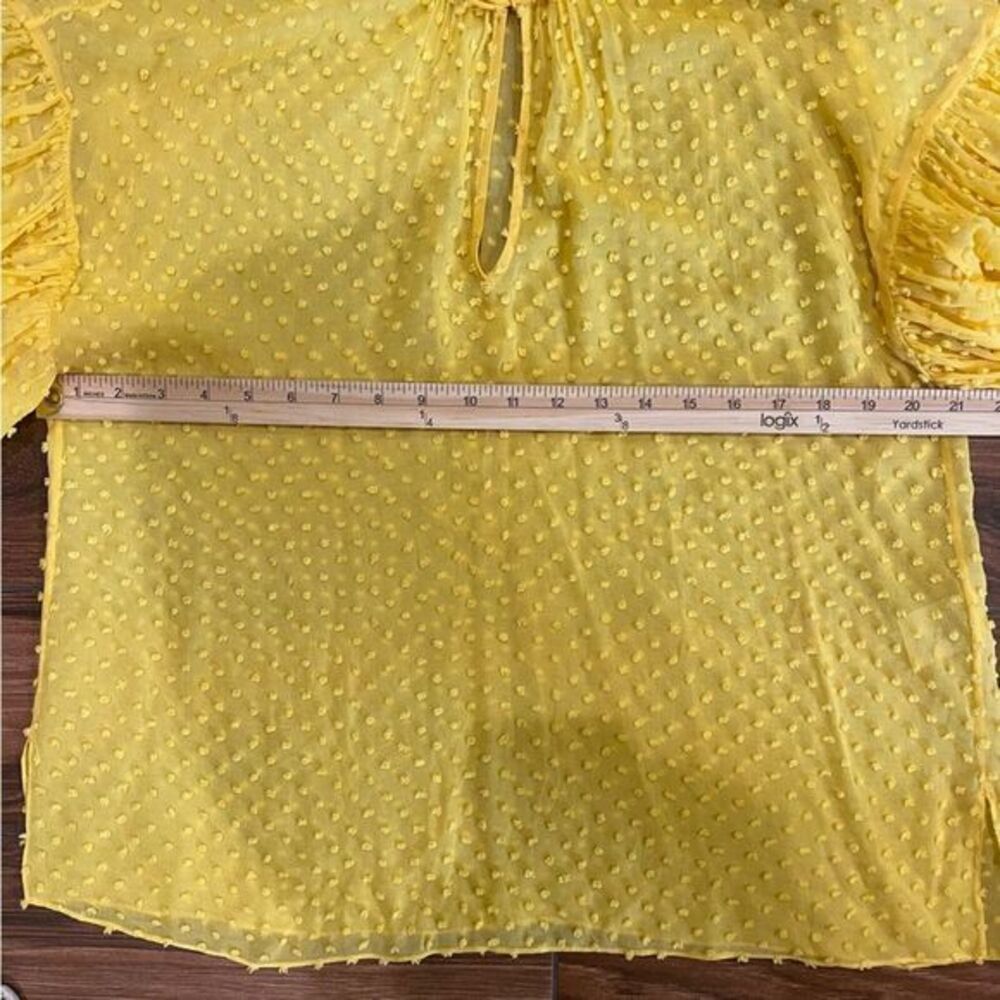 ALICE + OLIVIA Medium Julius Yellow Sheer Dot Dobby Ruffle Short Sleeve Blouse - Picture 4 of 5